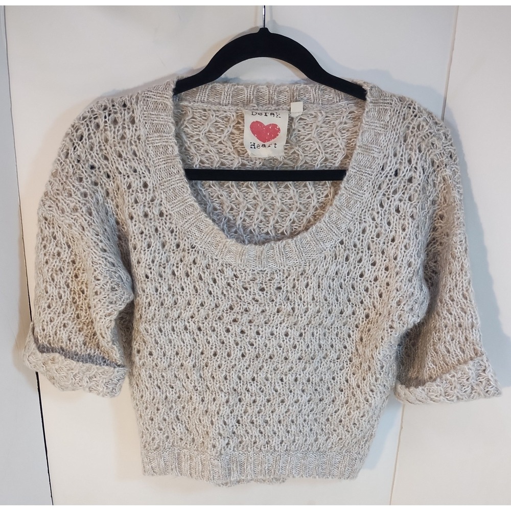 Derek Heart Womens SM Crochet Crop Sweater Beige Scoop Neck Fairycore Boho Indie